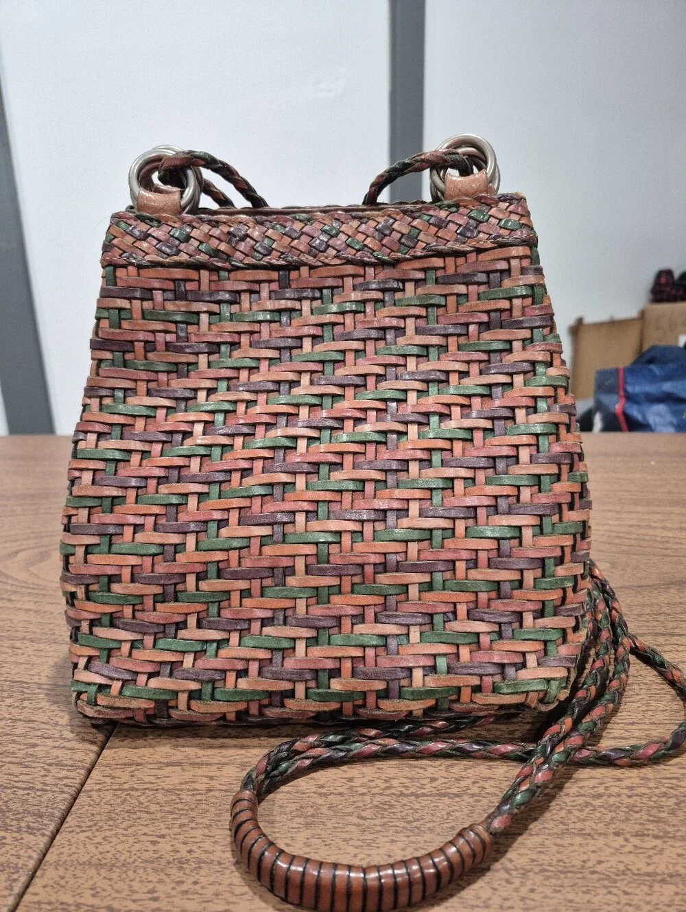 Vintage L.J.S Collection Leather Woven Sack Crossbody Purse